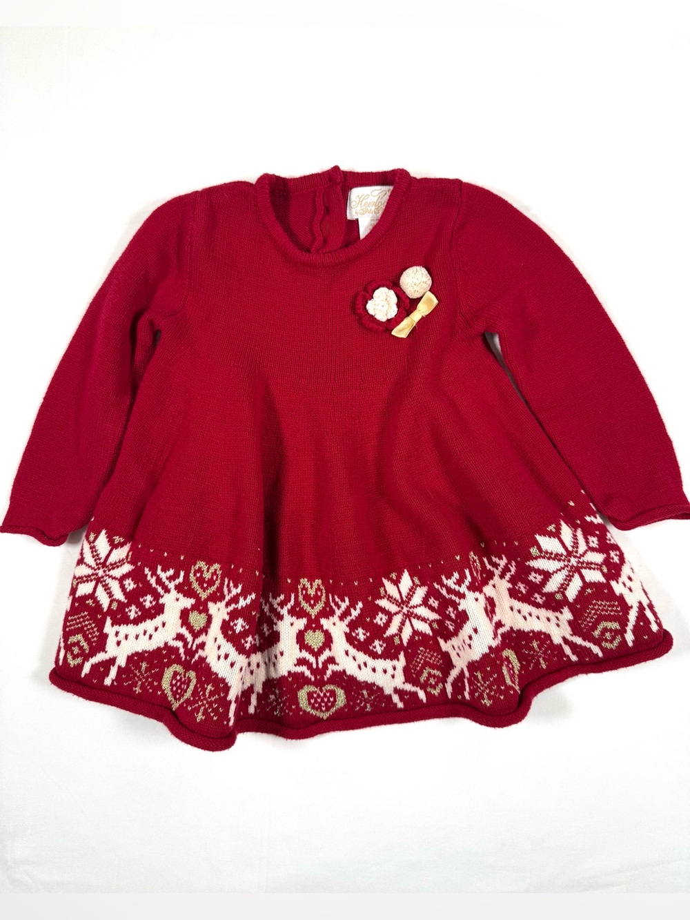 POLLY FLINDERS Girls Reindeer Sweater Dress 12m Christmas Fair Isle Holiday